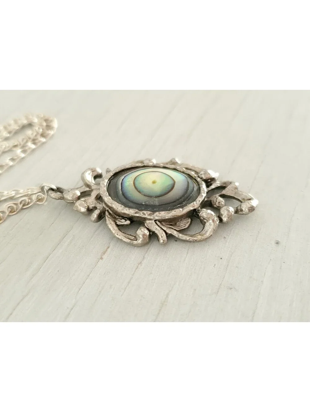 Vintage Sterling Silver Abalone Shell Scroll Pendant with Chain Necklace